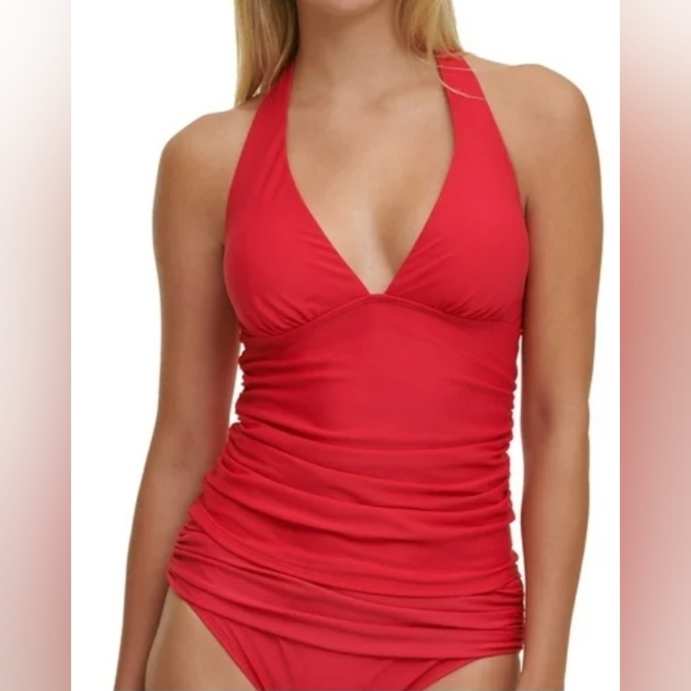 TOMMY HILFIGER Red Stretch Shirred  Lined Deep V Neck  Halter Tie Tankini Top